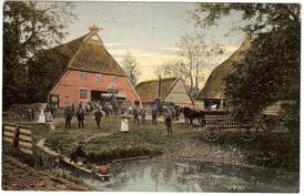1902 Bauernhof in Diekdorf, Dreschen des Getreides mit Dampfmaschine und Dreschmaschine