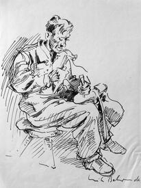 1949 Federzeichnung von Erich Behrendt - Schuster bei der Arbeit