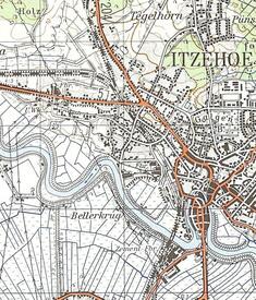 Ausschnitt aus einer Karte aus dem Topographischen Atlas Schleswig-Holstein (Seite 146), herausgegeben 1966 vom Karl Wachholtz Verlag Neumünster - Trasse der Alsen´schen Drahtseilbahn bei Heiligenstedten und Itzehoe