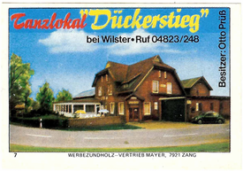 Zündholz-Schachtel Etikett - Werbung Gasthaus Dückerstieg in Hackeboe, Gemeinde Neuendorf-Sachsenbande in der Wilstermarsch
