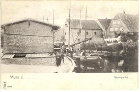 1904 Wilsteraner Hafen am Rosengarten, Fracht-Ewer und Laderschuppen