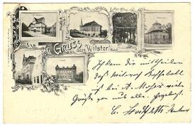 1897 Lithographie; Altes Rathaus, Neues Rathaus, Postamt, Trichter, Kirche, Allee in der Stadt Wilster