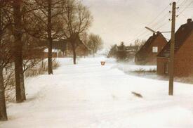 15. Februar 1979 Mächtige Schneeverwehungen an der Straße Dörferdeich in Brokdorf