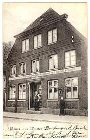 1908 Gastwirtschaft Wein & Spirituosen-Handlung von Rudolf Schmidt an der Schmiedestraße in der Stadt Wilster