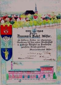 1934 Urkunde mit kolorierten Zeichnungen: Wappen von Wilster und von der Wilstermarsch, Meierei und Totale von Wilster