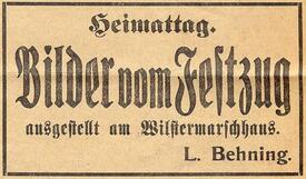 Anzeige in der Wilsterschen Zeitung v. 27.Mai 1929 über die Ausstellung von Fotografien vom Festumzug am Heimattag der Wilstermarsch