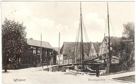 1905 Hafen am Rosengarten und Brücke zur Deichstraße in der Stadt Wilster