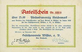 1930 Anteilschein des Schützenvereins Wilster zur Finanzierung seines Schützenhauses