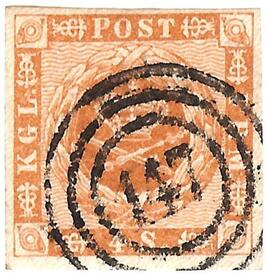 1858 Dänische 4 Skilling Briefmarke in Wilster abgestempelt