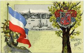 1898 Landes-Wappen und Landes-Flagge Schleswig-Holstein, Blick über die Kieler Förde auf die Stadt Kiel