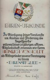 1967 Urkunde der Seglervereinigung Wilster für ihr Ehrenmitglied Heinrich von Holdt